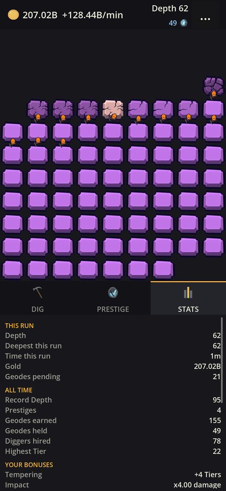 The Stats panel showing record depth, prestiges and lifetime Geodes
