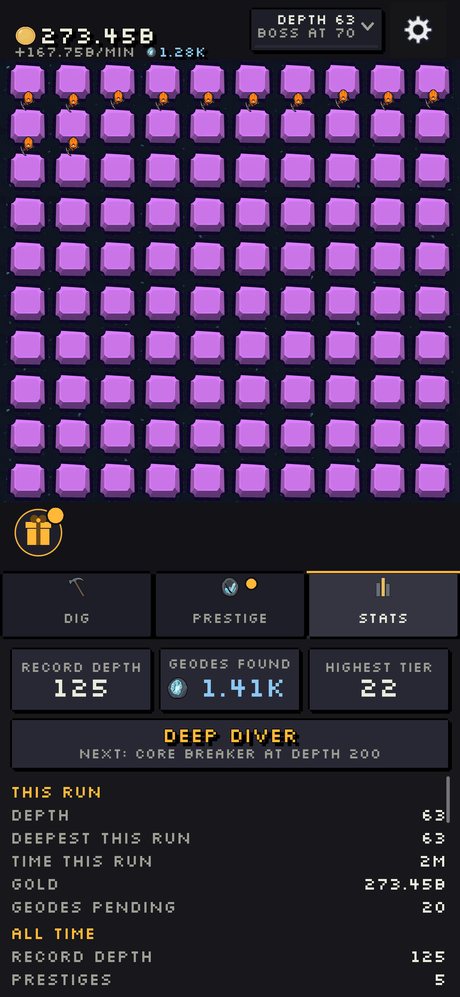 The Stats panel showing record Depth 125, Geodes found, highest Tier and the DEEP DIVER title